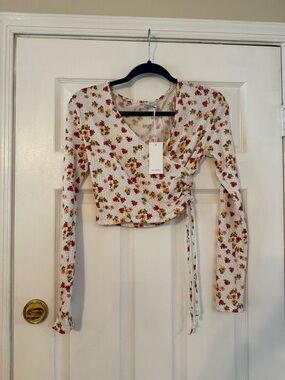 Antistar White Floral Wrap Crop Top with Red & Yellow Blooms